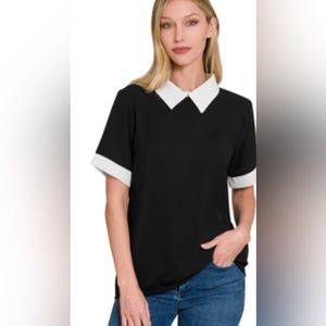 NEW ZENANA COLORBLOCK CONTRAST COLLAR BLOUSE S